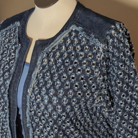 Sz 2/L Chicos Fringe Denim Open Jacket - Picture 2 of 9